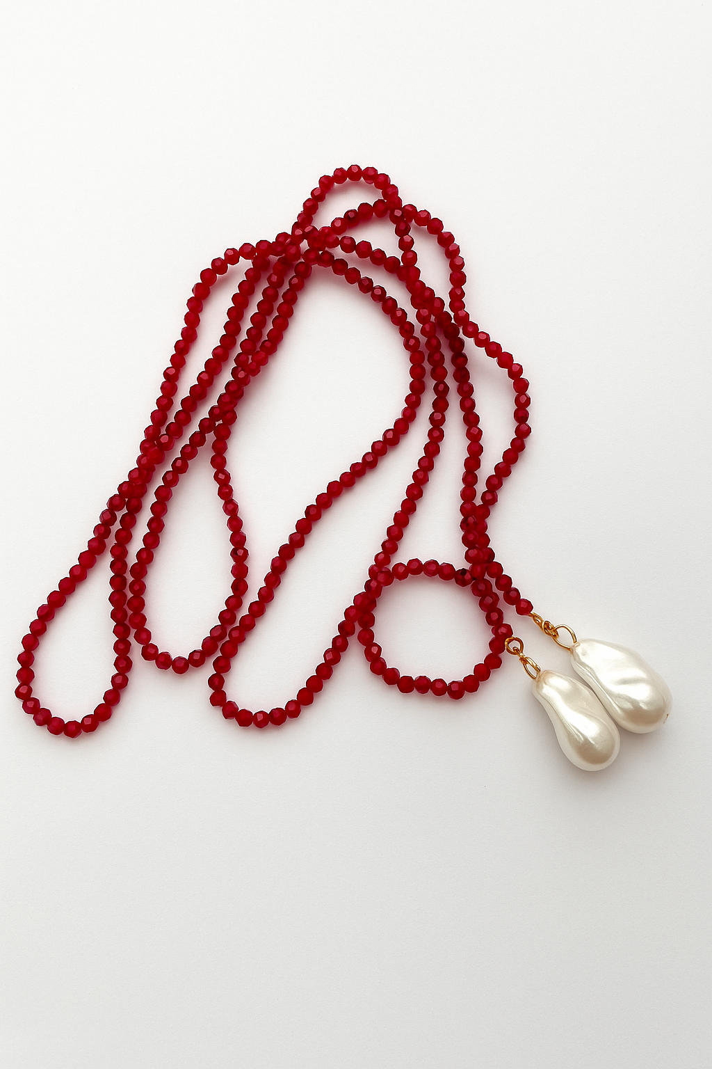Crimson Luxe Crystal Bead Necklace with Pearl Drop Pendants